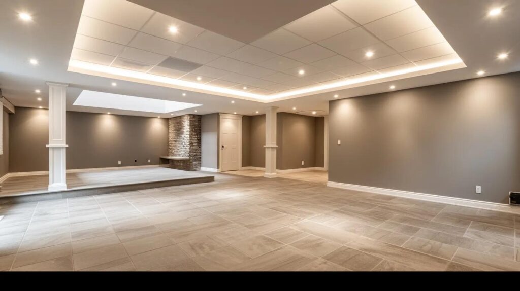 What to Know About DIY and Professional Basement Finishing Options 4 a sleek, modern basement interior showcases a stark contrast between a polished, professionally finished section with seamless drywall and code-compliant fixtures, juxtaposed against a diy area featuring uneven walls and incomplete details, highlighting the importance of quality and compliance in basement renovations.