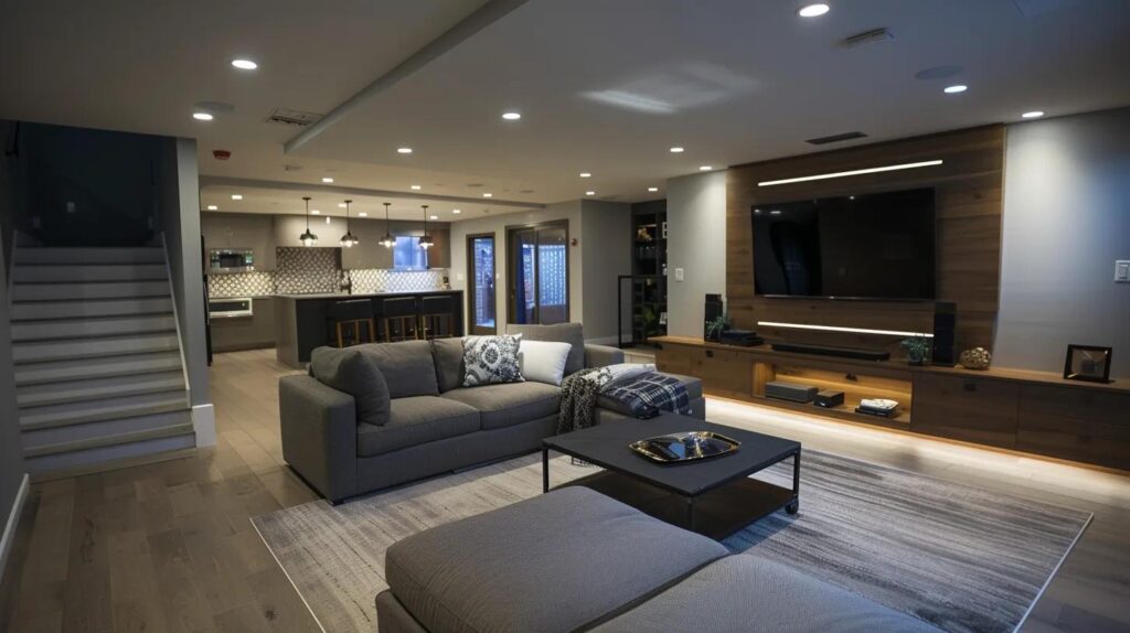 a sleek, modern basement renovation showcases stylish finishes and smart design elements, set within an elegantly furnished urban space in des moines, illuminated by warm, ambient lighting.