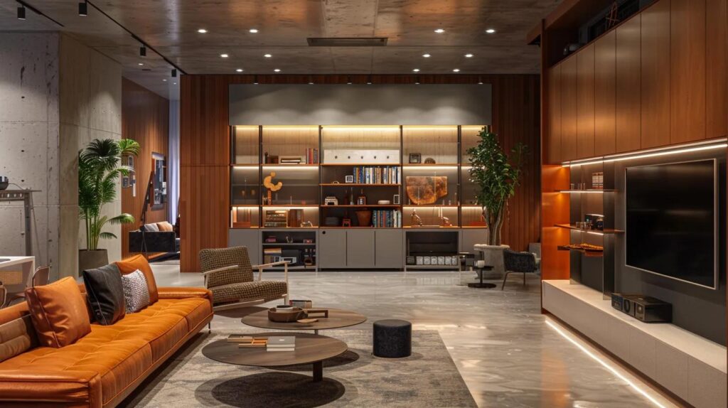 a sleek, modern basement showcases innovative storage solutions, featuring chic shelving units and multifunctional furniture that enhance both organization and aesthetic appeal, set against a backdrop of polished concrete walls and warm, ambient lighting.