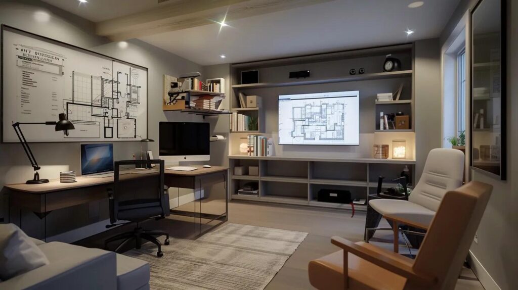 Creative Finished Basement Spaces for Maximum Home Value 10 a sleek, modern home office showcases a digital blueprint of a finished basement renovation on a large screen, highlighting meticulous planning and design choices that emphasize maximizing roi in real estate investment.
