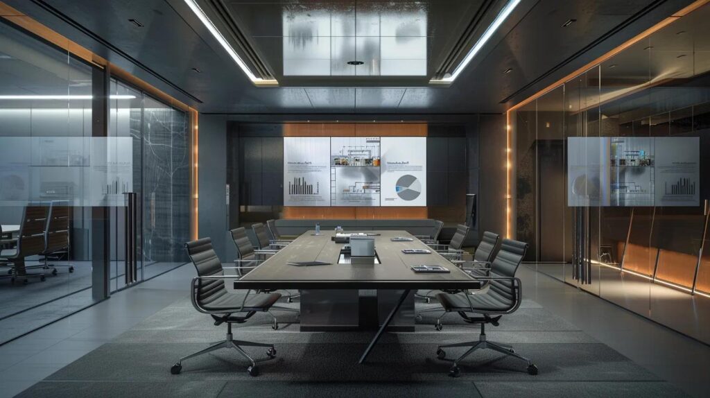 Understand the Costs of Your Basement Finishing Project 5 a sleek, modern office workspace featuring a large conference table surrounded by blueprints and materials, with a digital display highlighting local market factors that affect basement finishing costs, illuminated by sharp, artificial lighting.
