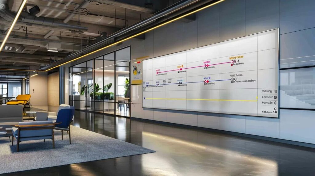What to Expect: Basement Finishing Timeline in Des Moines 5 a sleek, modern office workspace features a large whiteboard displaying a colorful timeline of a basement finishing project, with distinct phases outlined and progress markers highlighted for clear visual understanding.
