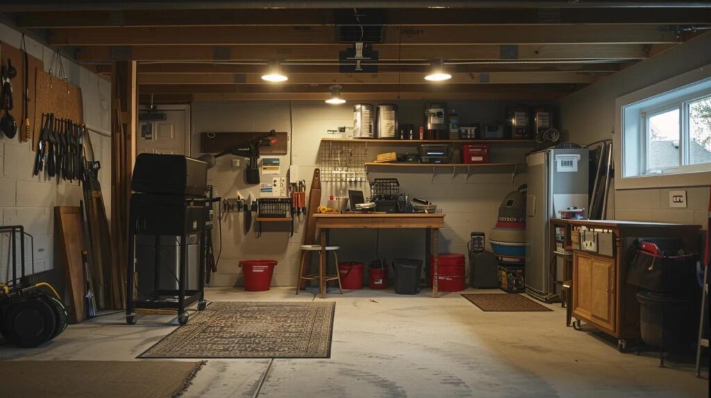 a well-organized basement workspace is illuminated by bright overhead lights, showcasing freshly painted walls, neatly arranged tools, and a dehumidifier working diligently, embodying the essential preparations homeowners need for a successful basement finishing project.