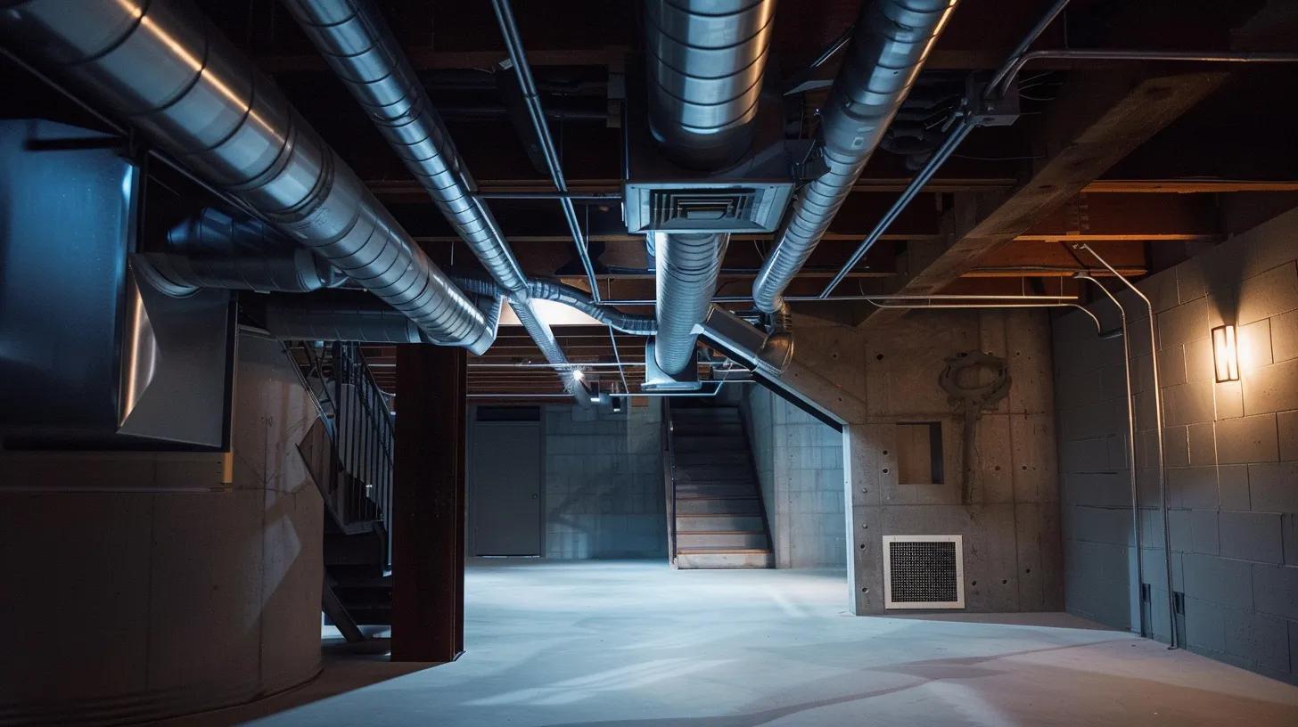 a well-designed, modern finished basement featuring sleek ventilation ducts and strategically placed air vents, illuminated by bright, artificial light, conveying the importance of airflow in preventing mold growth.