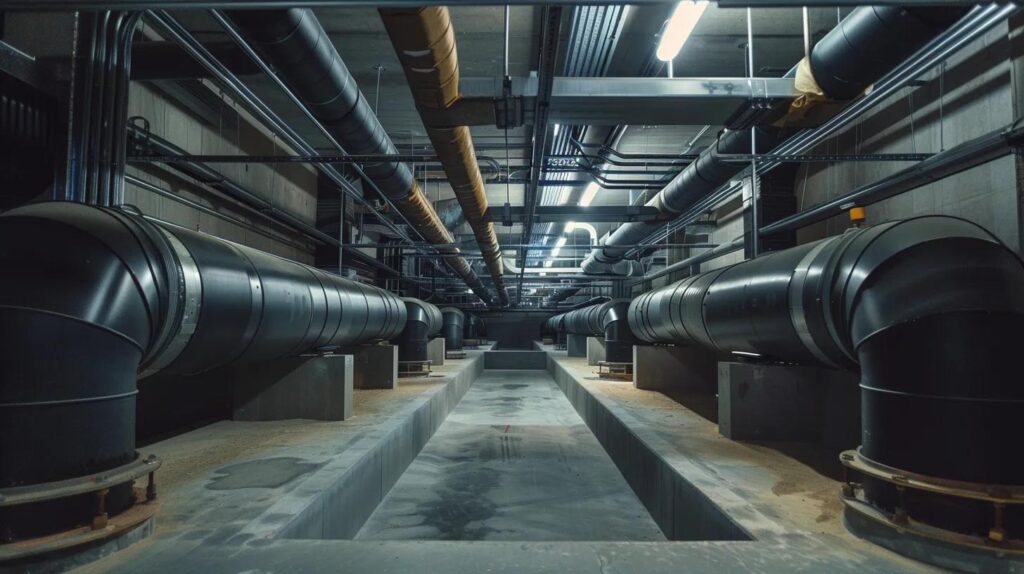 a well-organized basement with sleek ventilation ducts prominently visible, illuminated by cool artificial lighting, showcasing a technician conducting routine maintenance checks on the ventilation system to prevent mold growth in a dry, sterile environment.