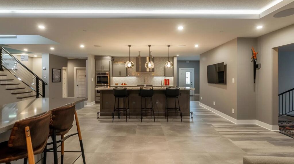 an architecturally stunning basement renovation in des moines, showcasing modern finishes and compliance with building codes, illuminated by sleek overhead lights, emphasizes both safety and aesthetic appeal in a stylish urban setting.