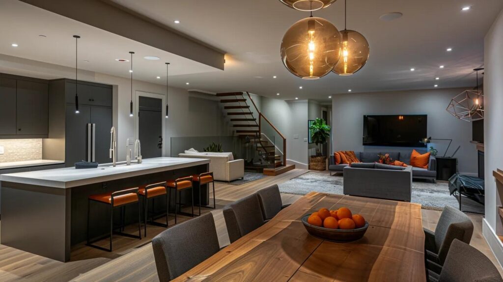 an inventive basement layout showcases a modern, spacious design featuring distinct zones for living, sleeping, and recreation, illuminated by stylish pendant lights, with sleek built-in furniture that enhances the flow and functionality of the space.