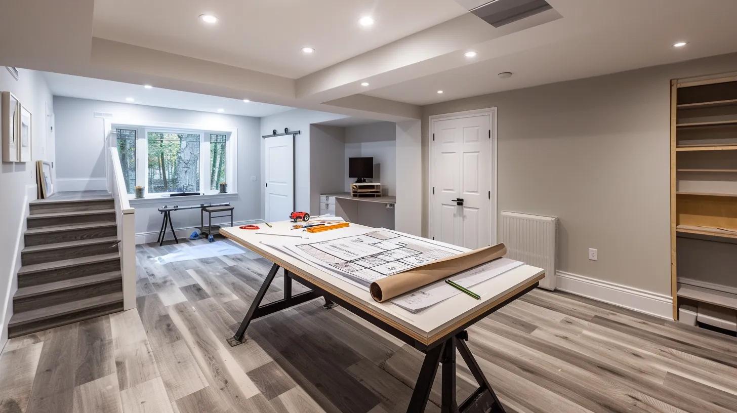 a bright and modern basement renovation office, featuring a sleek drafting table with professional blueprints, surrounded by high-quality samples of flooring and wall finishes, showcasing an organized timeline for a basement finishing project.