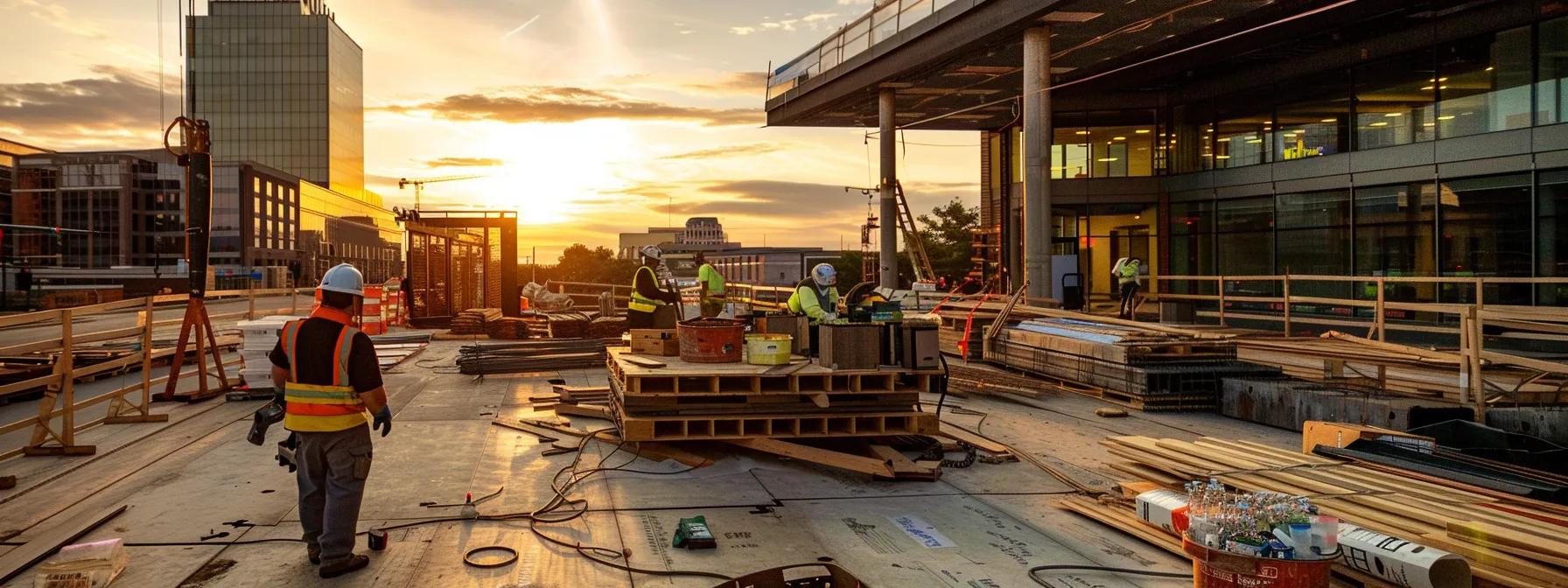 a bustling construction site in des moines, showcasing skilled workers meticulously assembling a modern deck with steel tools and vibrant safety gear, set against a backdrop of urban architecture under bright overhead lighting.