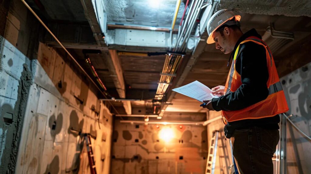 a clean, modern basement inspection site is illuminated by bright overhead lights, showcasing a professional inspector examining structural walls and foundations with specialized equipment, emphasizing the critical importance of safety and compliance in renovation planning.