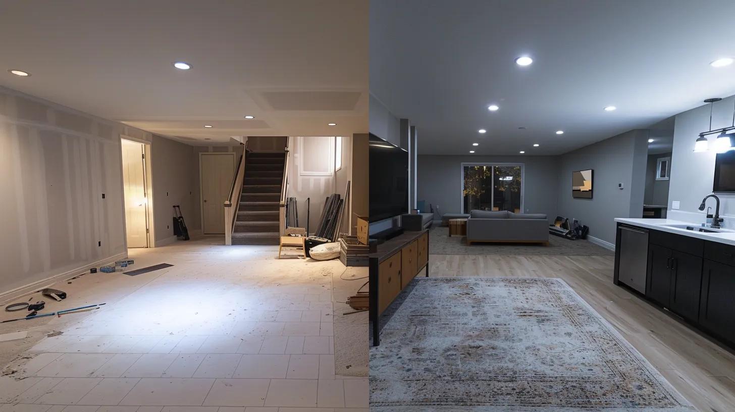 a detailed comparison scene showcases a dimly lit basement being finished, divided between a diy process on one side with scattered tools and paint, and a sleek, professionally finished area featuring modern design elements on the other, emphasizing the key differences for homeowners in des moines.