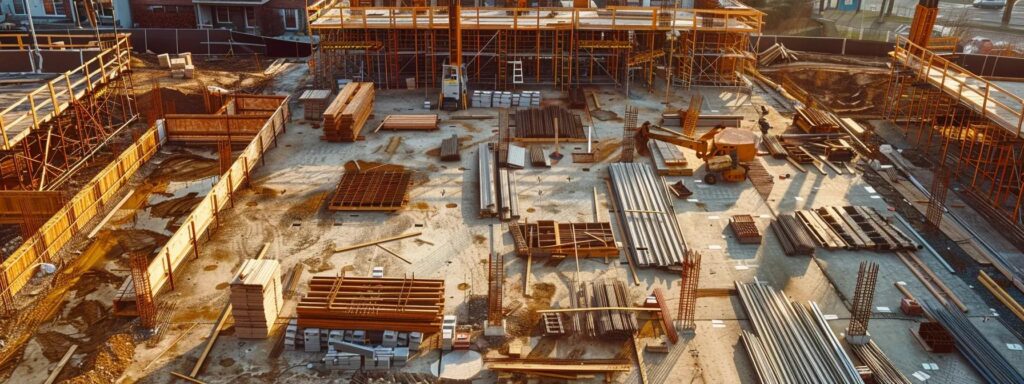 a detailed view of a meticulously organized deck construction site in an urban setting, showcasing various stages from framed foundations to material piles, all under bright artificial lighting to emphasize the precision and professionalism of the building process.