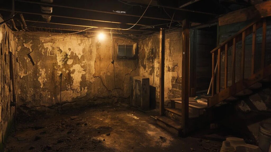 a dimly lit basement in a des moines home showcases visible signs of moisture problems, with damp walls, peeling paint, and a lingering musty atmosphere, emphasizing the urgent need for effective moisture control solutions.