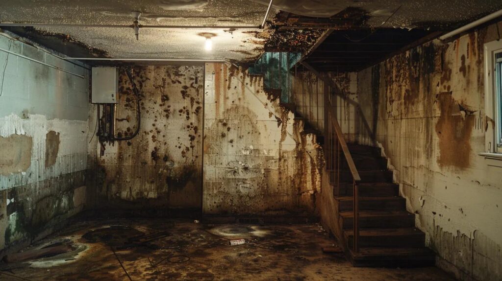 a dimly lit finished basement showcases walls with visible condensation and damp patches, illustrating the stark effects of poor ventilation, while a hint of mustiness lingers in the air to evoke an uncomfortable atmosphere.
