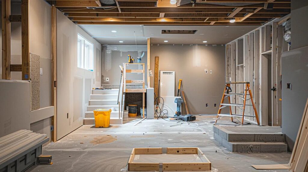 What to Expect: Basement Finishing Timeline in Des Moines 2 a dynamic and organized basement renovation workspace showcases various stages of the project timeline, featuring tools, materials, and construction elements in a well-lit, modern setting, illustrating the meticulous process from design to final inspection.