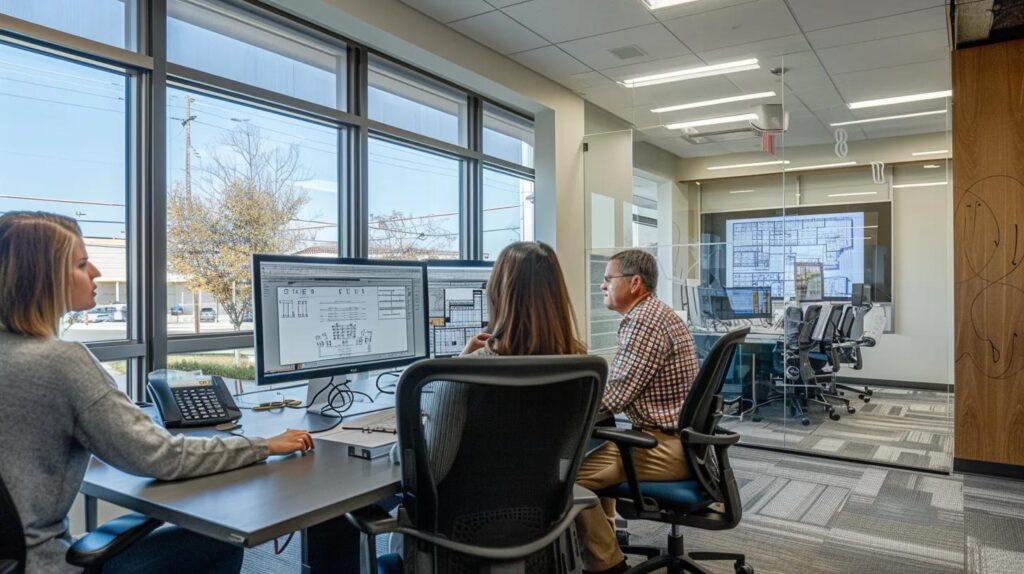 What to Know About DIY and Professional Basement Finishing Options 5 a dynamic urban office workspace showcases a team of professionals collaborating over architectural blueprints and digital plans, emphasizing compliance with local des moines building codes for basement finishing projects.