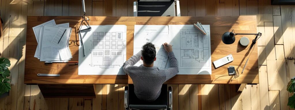 Choose the Right Contractor: Key Tips for Deck Construction 2 a focused office setting features a professional evaluating a portfolio of deck construction projects, surrounded by blueprints and design materials, highlighting the importance of contractor experience and reputation.