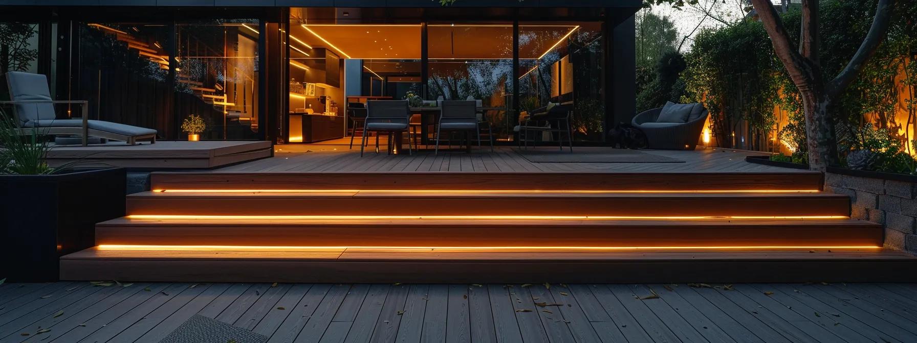 a meticulously designed deck under warm, artificial lighting, situated in a modern urban setting, showcases high-quality materials and expert craftsmanship, highlighting the professional services offered in deck construction.