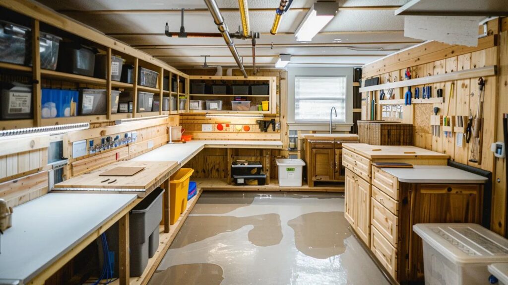 a meticulously organized basement workshop showcases advanced moisture control solutions, featuring waterproofing materials, vapor barriers, and a sophisticated drainage system, all under bright, efficient artificial lighting.