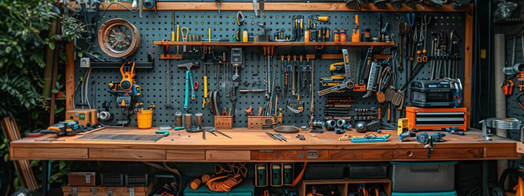 a meticulously organized urban maintenance workshop showcases a polished deck in the foreground, highlighting tools and equipment neatly arranged on a workbench, symbolizing the importance of proper post-repair care.