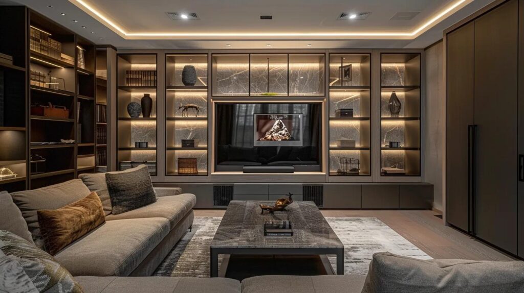 a modern basement interior showcases sleek custom shelving and built-in cabinets neatly organized with seasonal items and concealed clutter, highlighting efficient use of space in a stylish, moisture-resistant design.