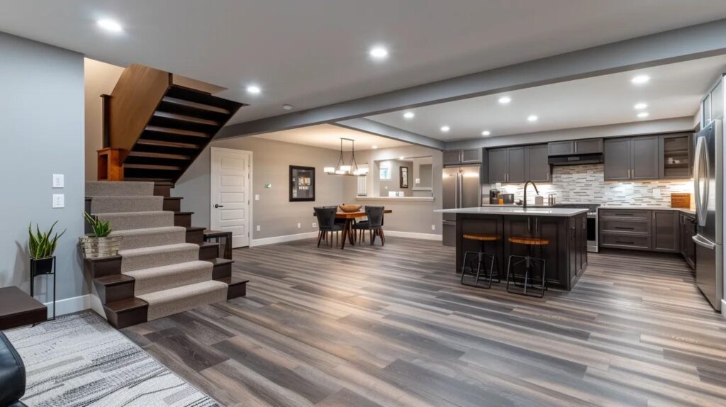 a modern basement renovation in an urban des moines setting showcases elegantly finished walls, sleek flooring, and stylish cabinetry, reflecting the intricate details and costs associated with transforming this underground space.