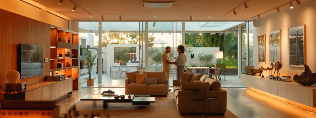 a modern consultation room bathed in soft artificial lighting showcases a diverse group of homeowners engaged in a detailed discussion with a professional, surrounded by interactive displays of solar panel designs, energy-efficient appliances, and smart technologies aimed at customizing sustainable home solutions.