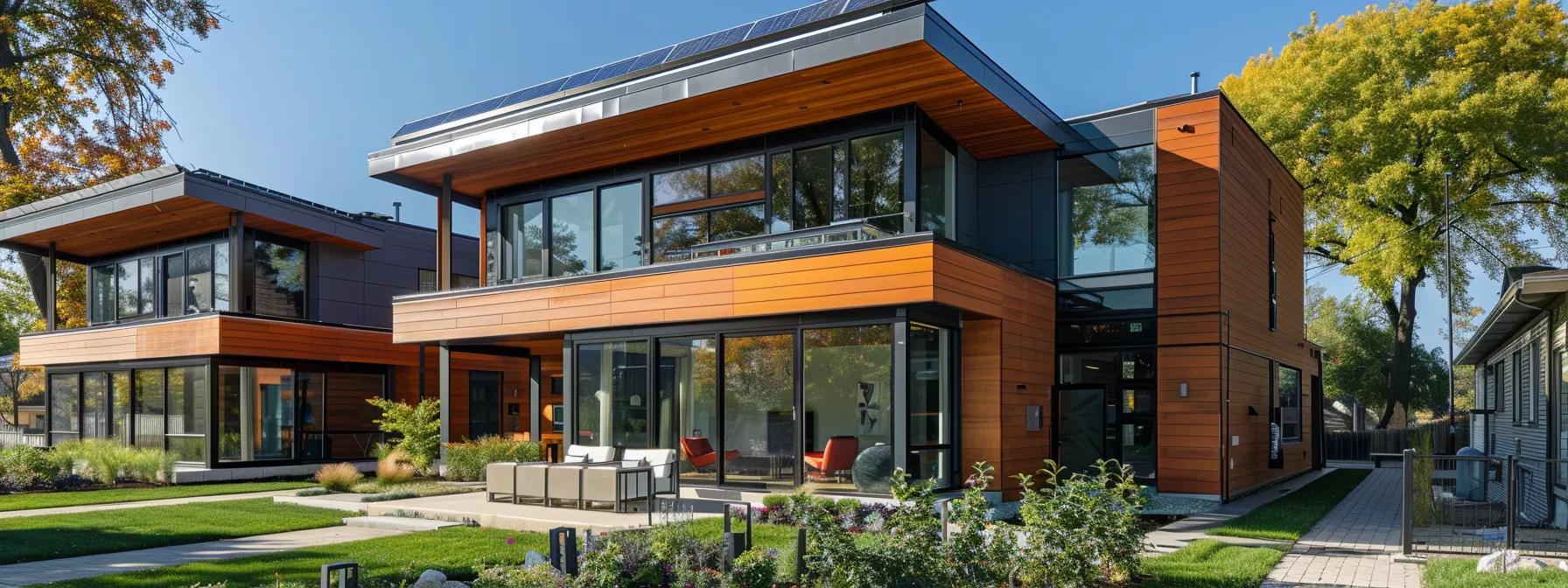 a modern, eco-friendly home in des moines showcases innovative sustainable building practices, featuring sleek solar panels, energy-efficient windows, and a minimalist design against a backdrop of a vibrant urban neighborhood.