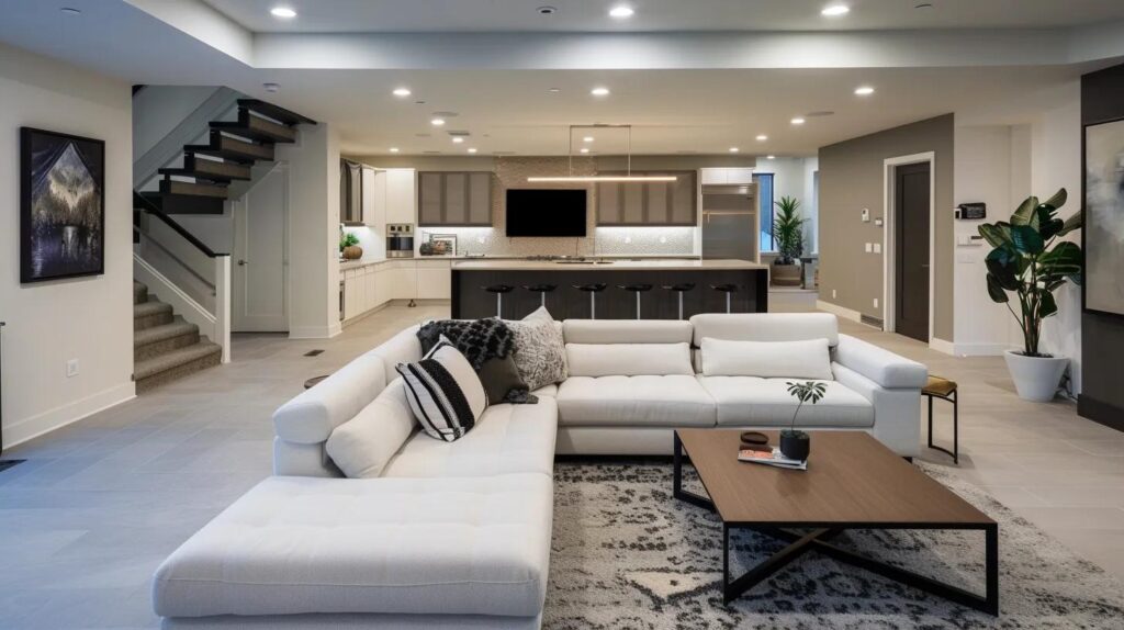 a modern, elegantly finished basement in a des moines home showcases stylish furnishings, ambient lighting, and a comfortable layout, illustrating the practical value and aesthetic appeal of basement finishing.