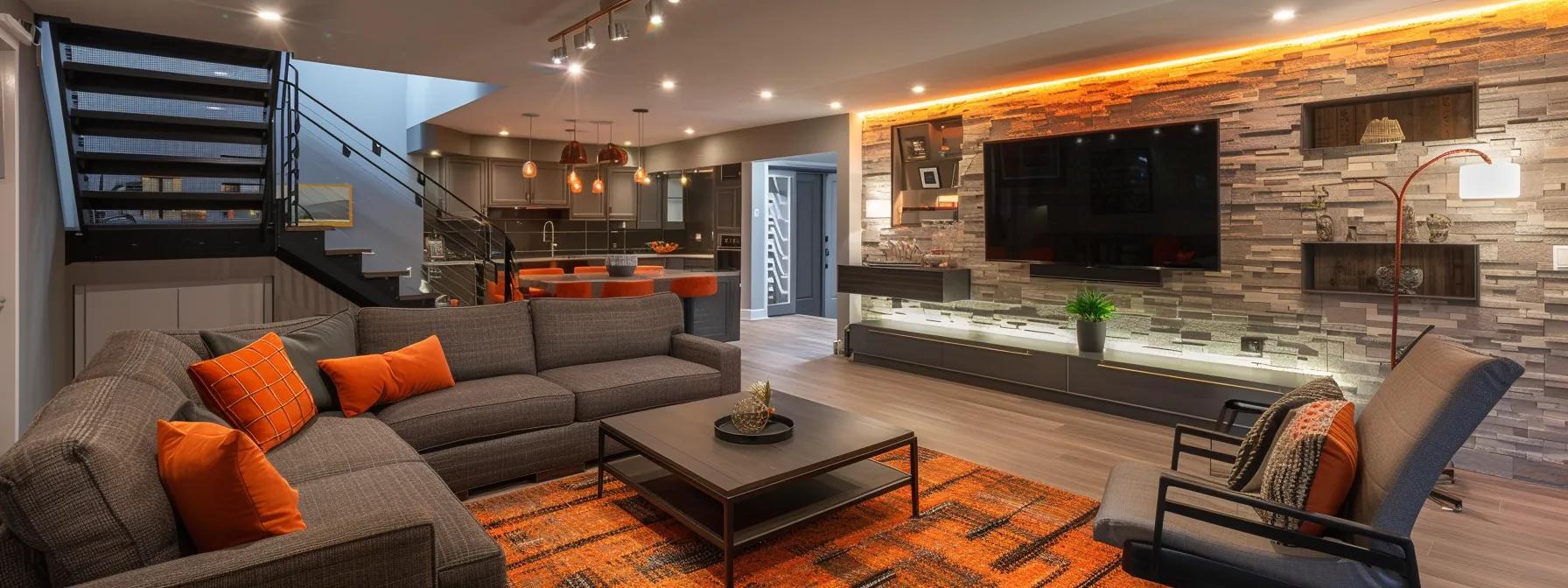 a modern, elegantly finished basement transformed into a stylish living space, complete with contemporary furniture and warm ambient lighting, showcasing des moines basement services' exceptional craftsmanship.