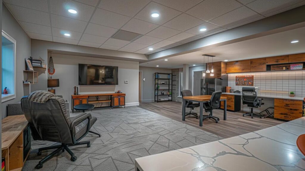 What to Know About DIY and Professional Basement Finishing Options 3 a modern home basement is divided into two contrasting sections, with one side showcasing a vibrant diy workspace filled with tools and materials, while the other features a sleek, professionally finished area with elegant furnishings and ambient lighting, highlighting the cost and investment differences for des moines homeowners.