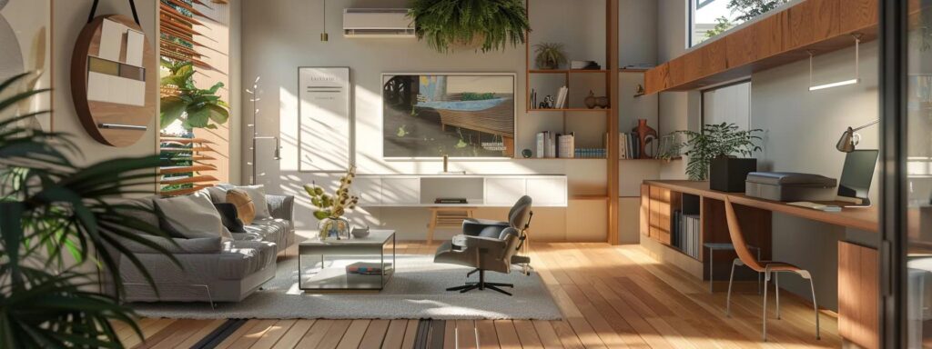 a modern home office scene showcases a professional deck designer discussing creative 3d renderings and sketches with a homeowner, emphasizing the collaborative atmosphere and attention to personalized design.