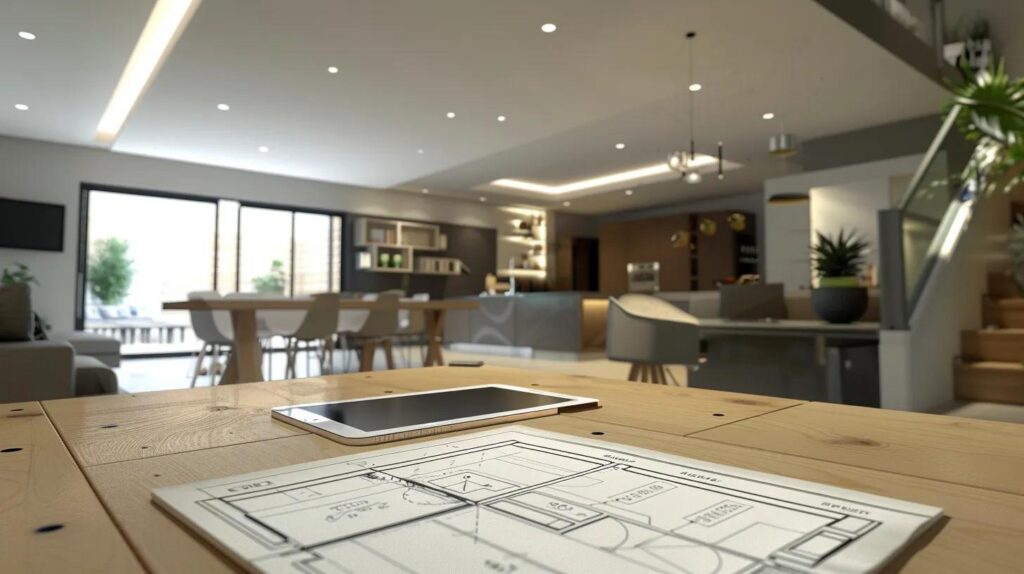 a modern home office with a sleek wooden desk showcasing a detailed blueprint of a basement remodeling project, complemented by a digital tablet displaying contractor reviews and a focused homeowner analyzing options in a clean, minimalist environment.