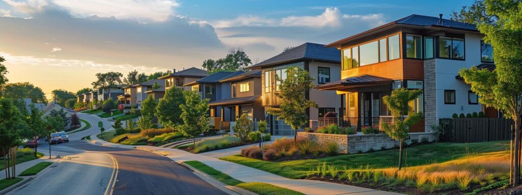 Green New Home Construction Trends in Des Moines Market 8 a modern neighborhood in des moines features a diverse array of architecturally striking homes, showcasing sleek contemporary designs with expansive windows alongside charming craftsman and colonial revival styles, all set against a vibrant urban backdrop.