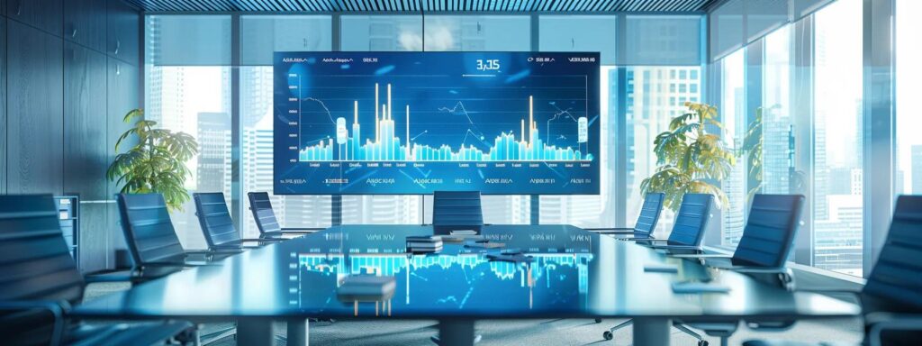 How Design Choices Affect Cost of Home Builds in Des Moines 8 a modern office conference room is filled with dynamic graphs and charts on digital screens, illustrating the fluctuating costs and trends in home building, conveying a sense of urgency and focus in decision-making.