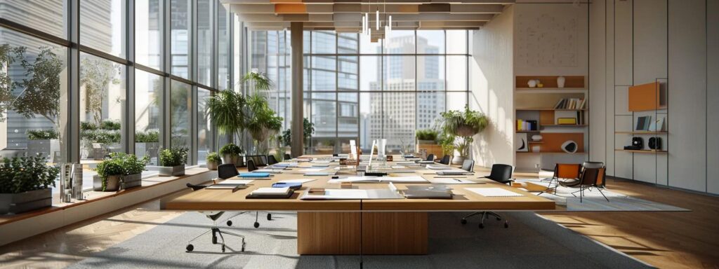 How Design Choices Affect Cost of Home Builds in Des Moines 6 a modern office meeting room features a large table covered with vibrant samples of building materials, highlighting the diverse choices that impact home construction costs in an urban setting.