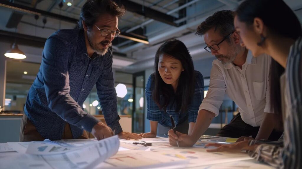 a modern office space showcases an active meeting with a diverse team of professionals collaborating over detailed blueprints and budgeting documents, emphasizing the strategic planning process for a basement renovation project.