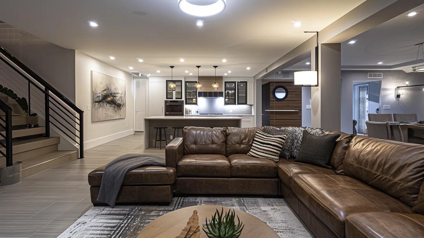 a modern, sleek basement renovation showroom showcases a meticulously designed finished basement, highlighting various luxurious materials and fixtures for an upscale, inviting space.