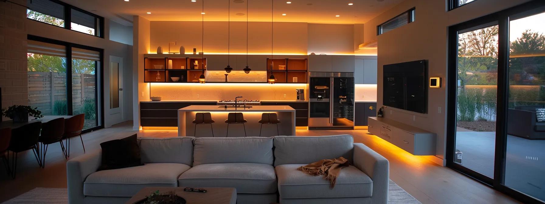 a modern, sleek interior of a newly built smart home in des moines showcases an array of high-tech features, including automated lighting systems and a voice-activated control panel, all illuminated by warm artificial lighting that enhances the contemporary design.