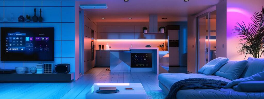 Enhance Your Des Moines New Build With Smart Home Features 7 a modern, sleek smart home interior featuring a centralized control panel glowing softly, highlighting energy-efficient appliances and innovative security systems seamlessly integrated into the stylish living space.