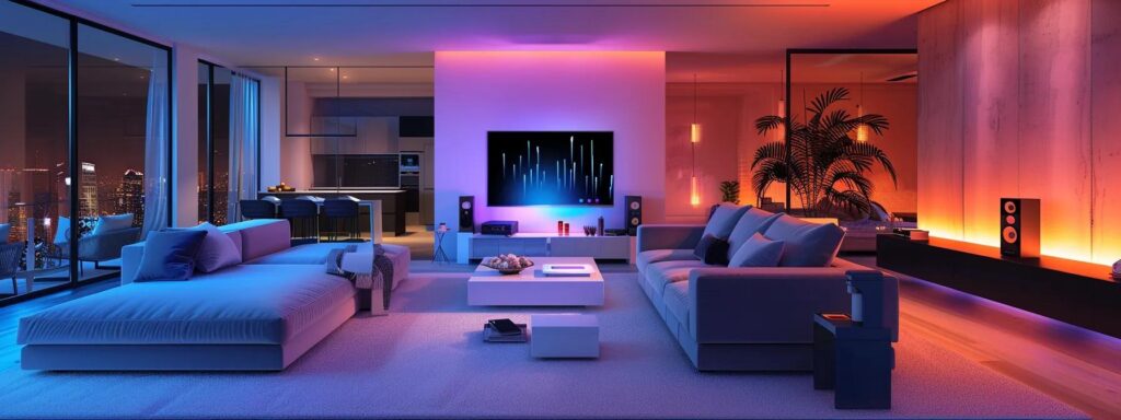 Enhance Your Des Moines New Build With Smart Home Features 9 a modern smart home interior showcases sleek, integrated technology with a glowing voice assistant hub at the center, illuminating a stylish living space while vibrant smart lighting adjusts to create a dynamic ambiance.