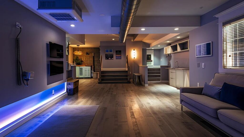 Creative Finished Basement Spaces for Maximum Home Value 9 a modern, stylish basement showcasing energy-efficient systems, including sleek hvac units and walls adorned with recycled materials, illuminated by warm, inviting lighting that highlights the eco-friendly design.