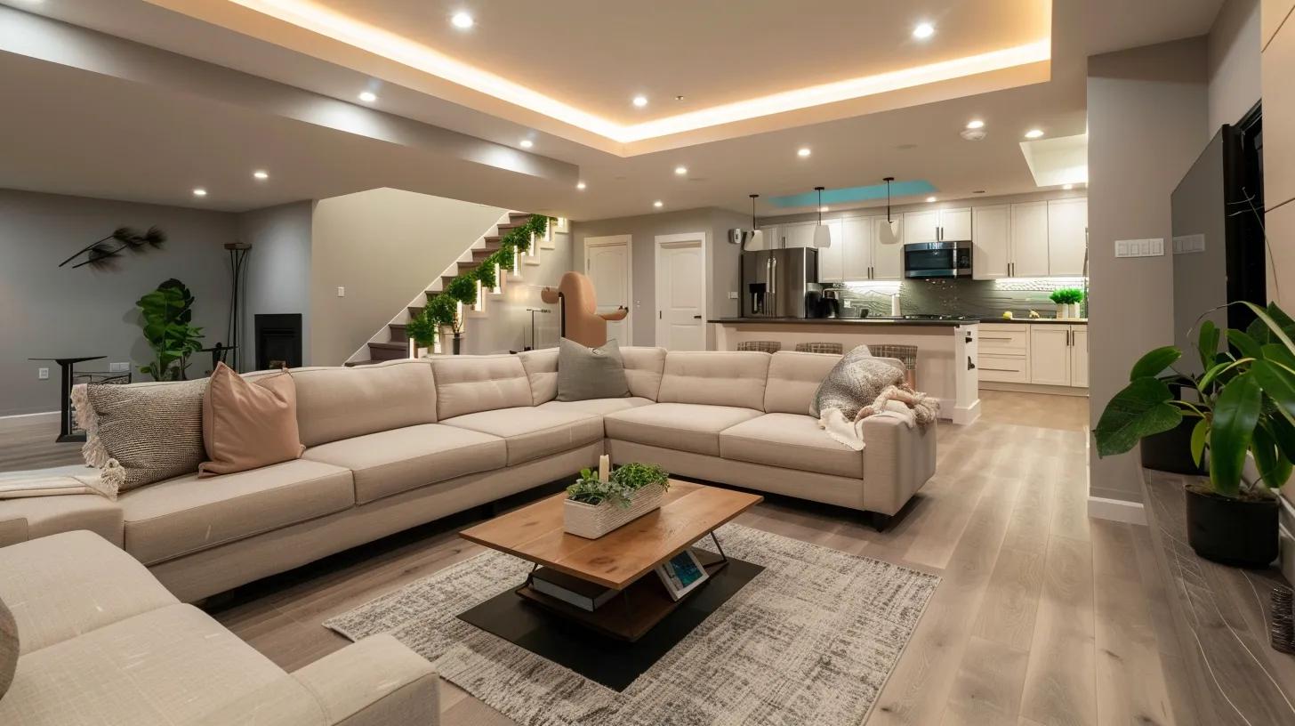 a modern, stylish finished basement featuring sleek furniture, elegant lighting, and organized storage, showcasing its potential as a vibrant living space that enhances home value.