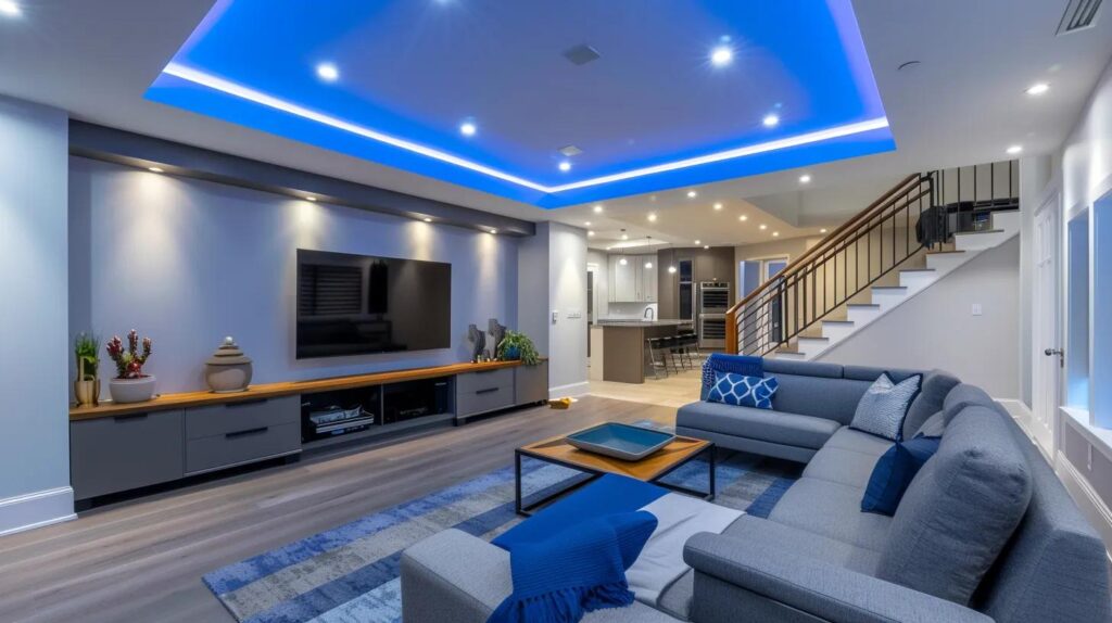 Creative Finished Basement Spaces for Maximum Home Value 7 a modern, stylishly finished basement transformed into a multifunctional family room with sleek furniture, vibrant lighting, and contemporary decor, showcasing the space's potential for entertainment and utility.