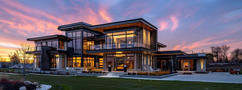 How Design Choices Affect Cost of Home Builds in Des Moines 7 a modern, upscale home construction site in des moines, showcasing luxurious building features like a grand entrance, intricate architectural details, and premium materials against a backdrop of a bustling urban landscape, emphasizing the contrast between high-end design and the surrounding neighborhood.