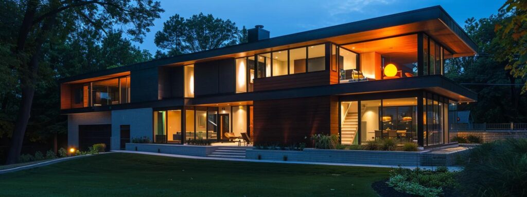 a modern urban home in des moines showcases sleek energy-efficient technologies, featuring stylish insulation panels and a state-of-the-art hvac system, all under vibrant artificial lighting that highlights the home's contemporary architecture.
