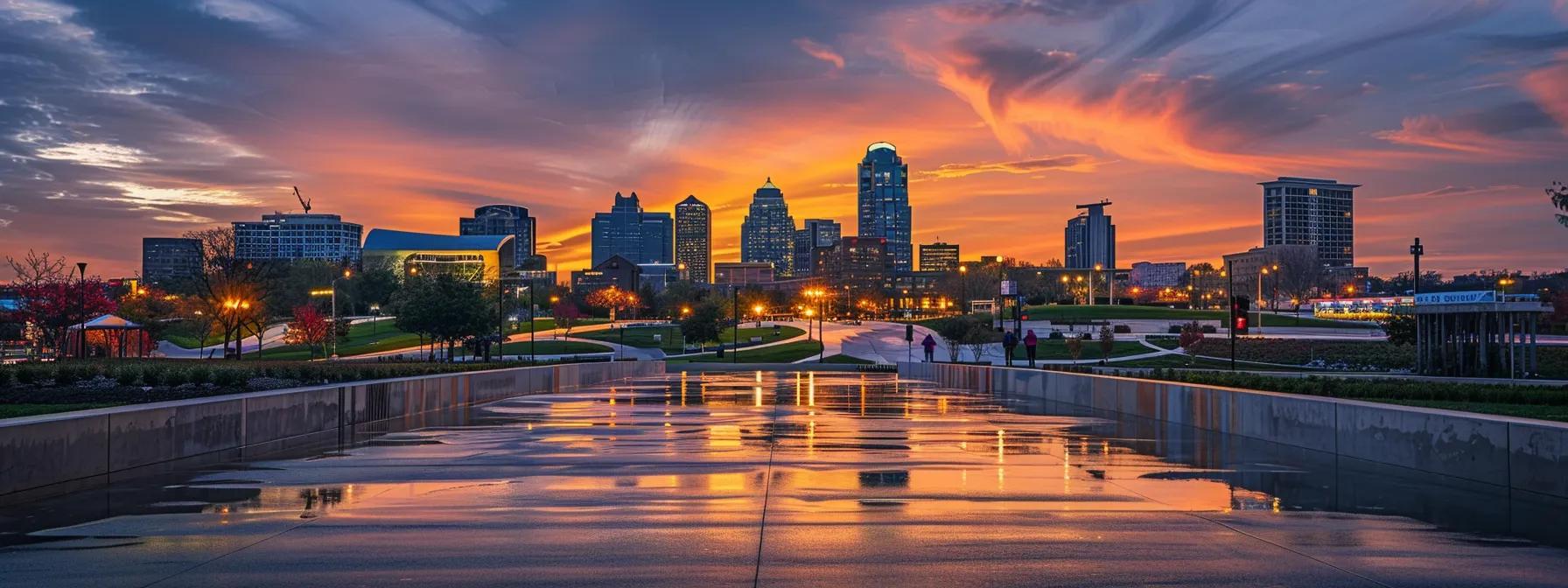 a modern urban skyline of des moines showcases innovative home building trends with sleek architectural designs highlighted by vibrant city lights at dusk.