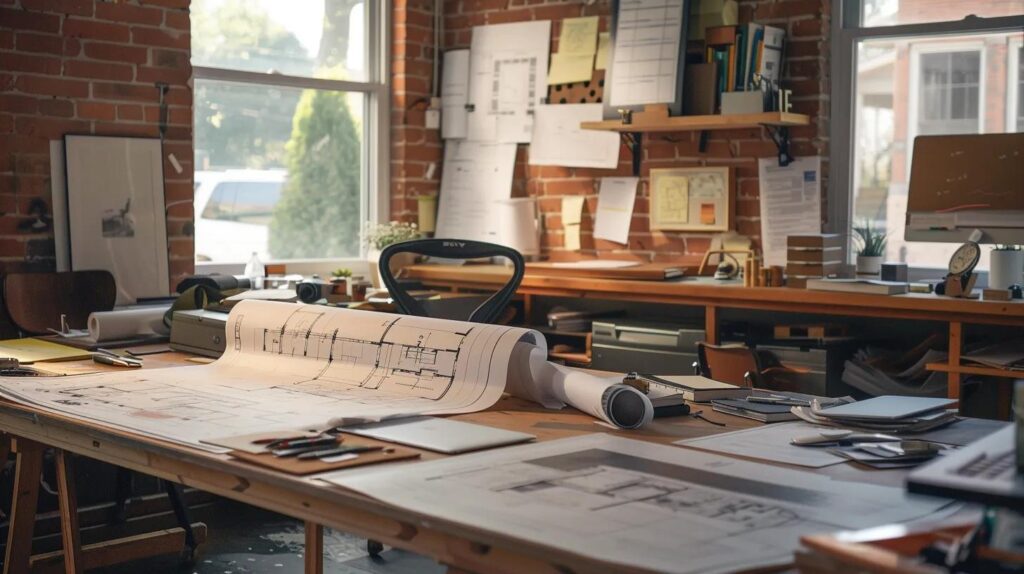 a modern, well-lit office space features an architect's desk cluttered with blueprints and building permits, highlighting the meticulous process of basement remodeling compliance in des moines.