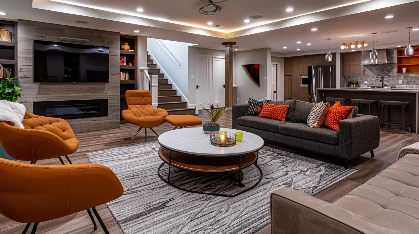a modern, well-lit basement renovation in an urban des moines setting, showcasing stylish furniture and sleek finishes that convey the cost-effective potential of finishing a basement.