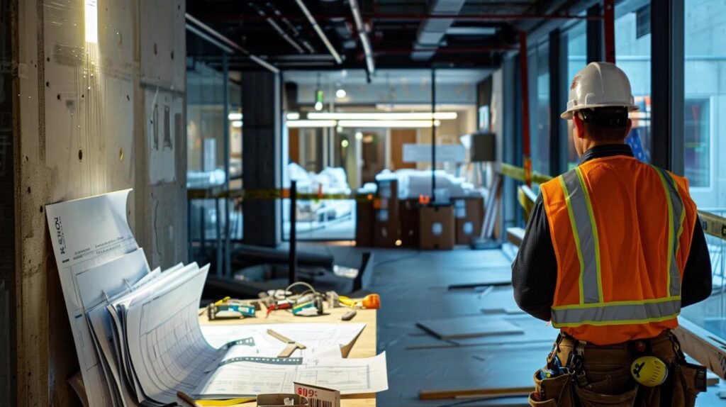 a modern, well-lit basement under construction displays an open space with clear safety signage, blueprints spread out on an architect's table, and a contractor reviewing local building codes with a focus on compliance and regulations.